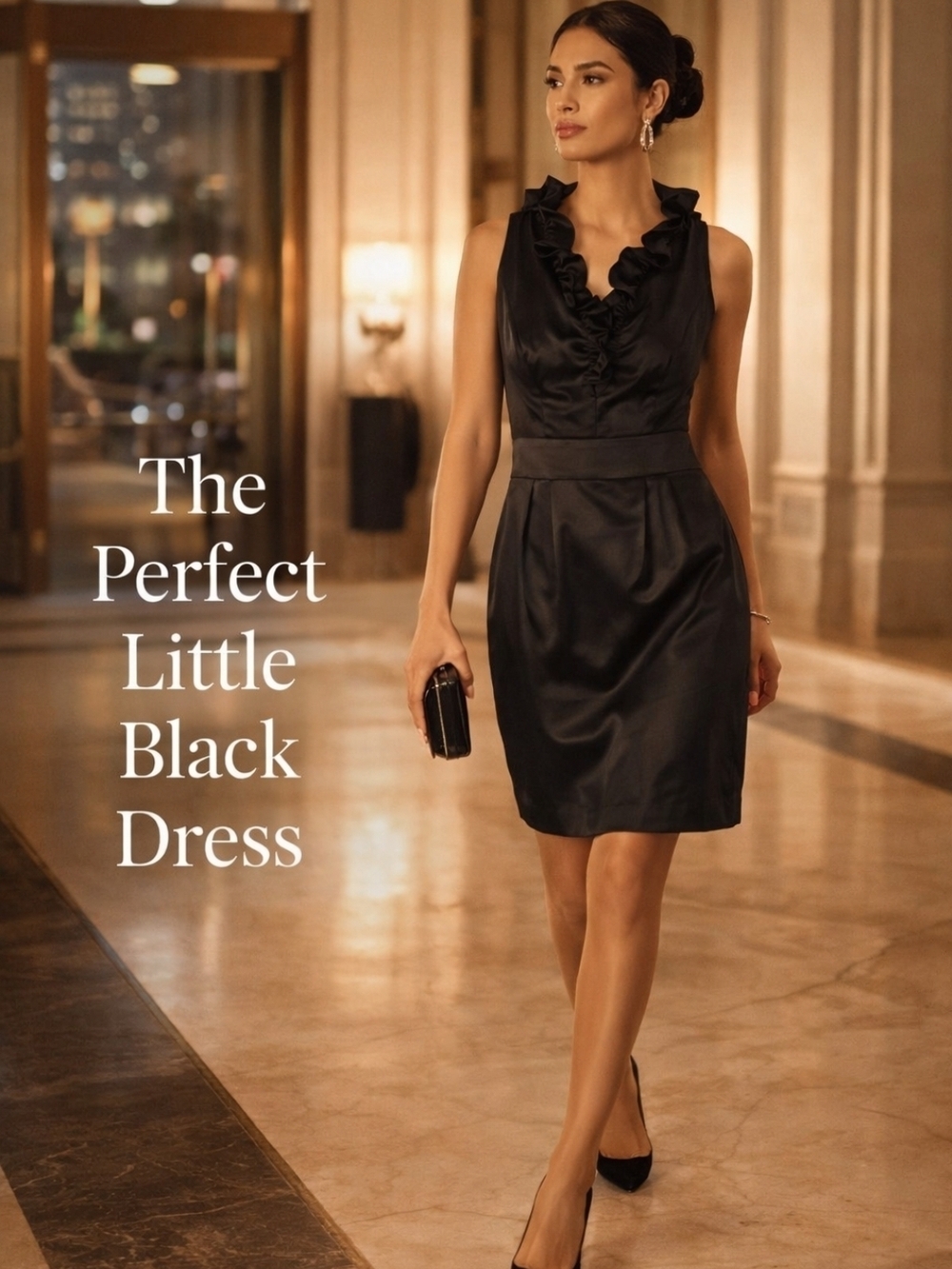 Taylor Black Satin Ruffle Neck Sleeveless Cocktail Dress Size 4 Date Night Party